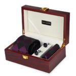 Premium Wooden box Combo set with Microfiber broad Tie and Pocket Square with Diamond shaped color Cufflinks