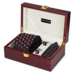 Premium Wooden box Combo set with Microfiber broad Tie and Pocket Square with Diamond shaped color Cufflinks