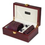 Premium Wooden box Combo set with Microfiber broad Tie and Pocket Square with Diamond shaped color Cufflinks