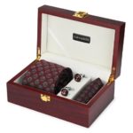 Premium Wooden box Combo set with Microfiber broad Tie and Pocket Square with Diamond shaped color Cufflinks