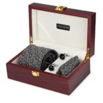 Premium Wooden box Combo set with Microfiber broad Tie and Pocket Square with Diamond shaped color Cufflinks