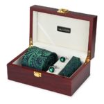 Premium Wooden box Combo set with Microfiber broad Tie and Pocket Square with Diamond shaped color Cufflinks