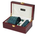 Premium Wooden box Combo set with Microfiber broad Tie and Pocket Square with Diamond shaped color Cufflinks