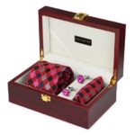 Premium Wooden box Combo set with Microfiber broad Tie and Pocket Square with Diamond shaped color Cufflinks