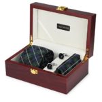 Premium Wooden box Combo set with Microfiber broad Tie and Pocket Square with Diamond shaped color Cufflinks