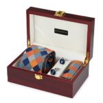 Premium Wooden box Combo set with Microfiber broad Tie and Pocket Square with Diamond shaped color Cufflinks