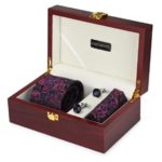 Premium Wooden box Combo set with Microfiber broad Tie and Pocket Square with Diamond shaped color Cufflinks