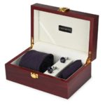 Premium Wooden box Combo set with Microfiber broad Tie and Pocket Square with Diamond shaped color Cufflinks