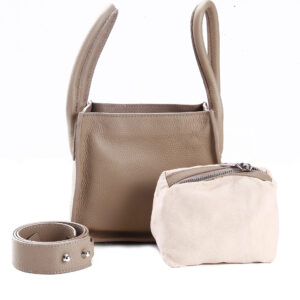Women's beige leather structured sling bag with a sleek finish, adjustable strap, and spacious interior for everyday essentials.