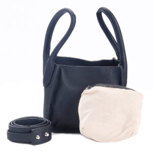 Women's black leather structured sling bag with a sleek finish, adjustable strap, and spacious interior for everyday essentials.