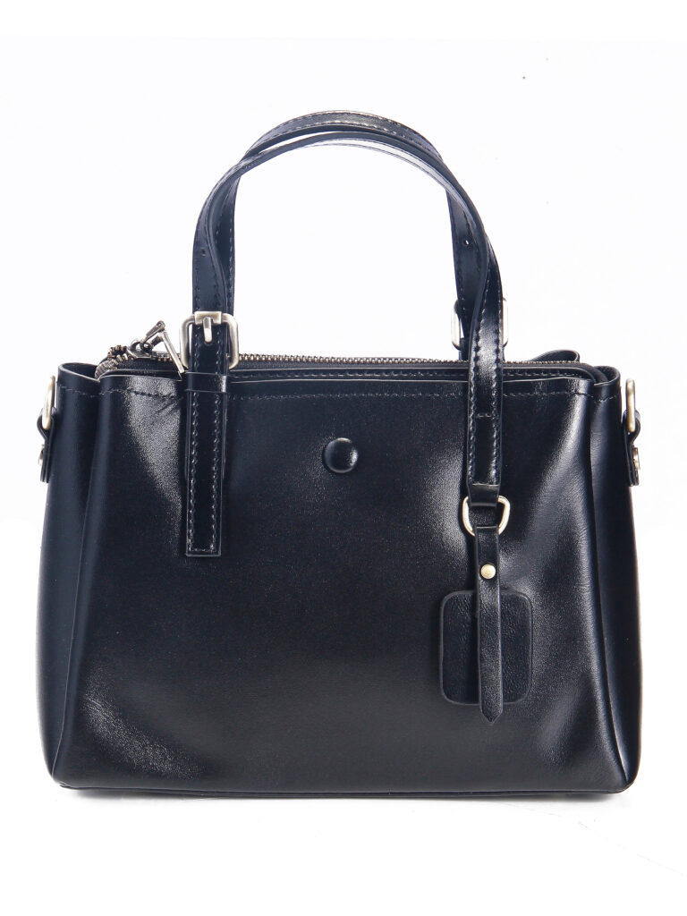 Black leather structured handbag with a sleek design, sturdy handles, and a spacious interior for everyday essentials.