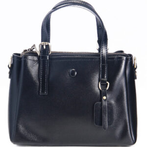 Black leather structured handbag with a sleek design, sturdy handles, and a spacious interior for everyday essentials.