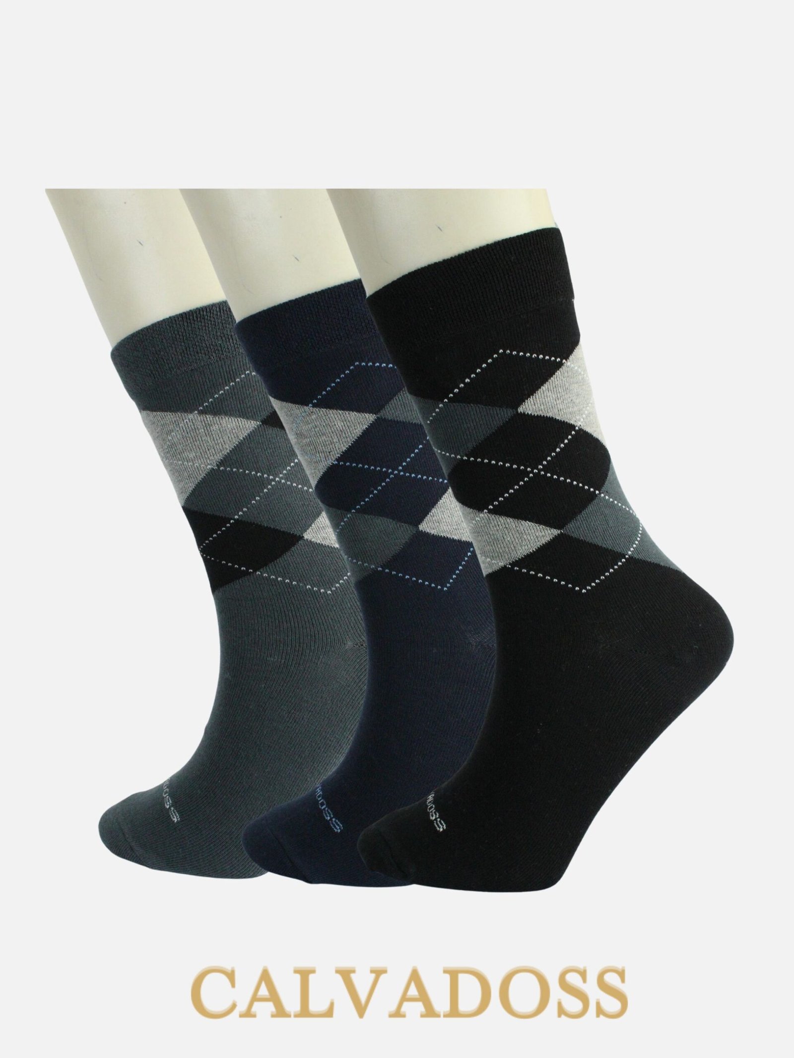 Men Cotton Pack Of 3 Patterned Design Calf Length Socks (Black/Grey/Navy Blue)