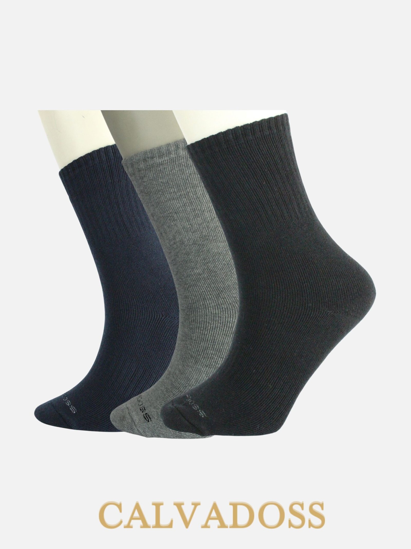 Men Cotton Pack Of 3 Solid Design Calf Length Socks (Black/Grey/Navy Blue)