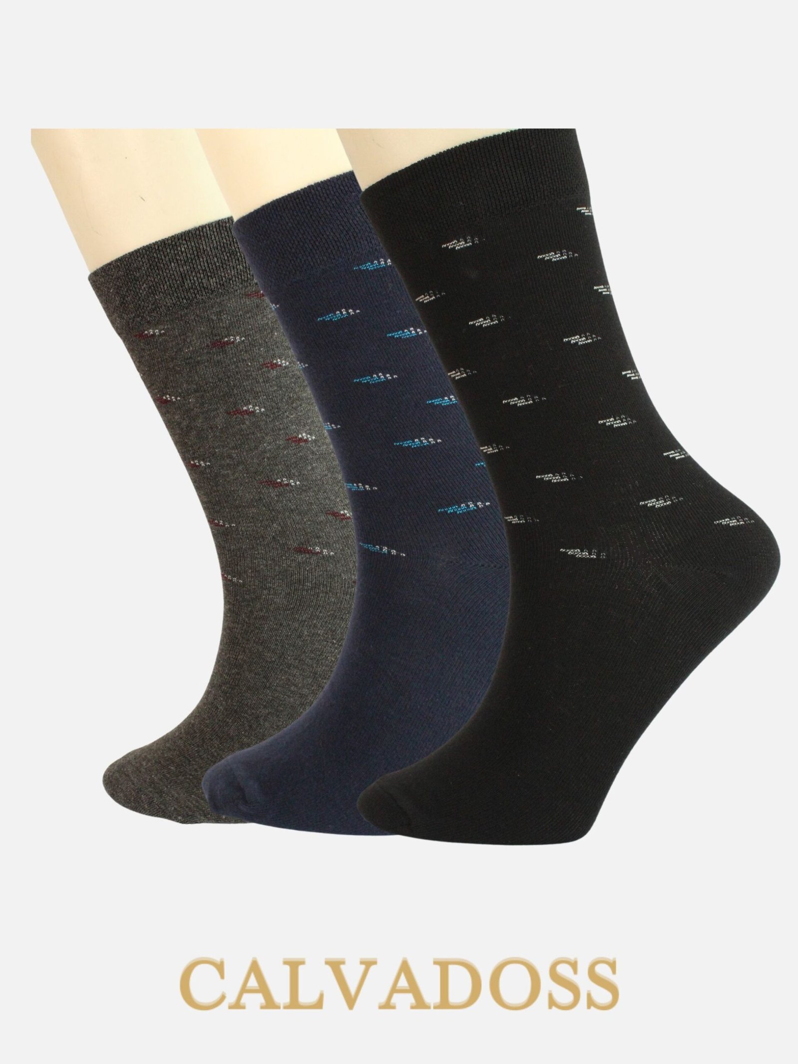 Men Cotton Pack Of 3 Patterned Design Calf Length Socks (Black/Grey/Navy Blue)